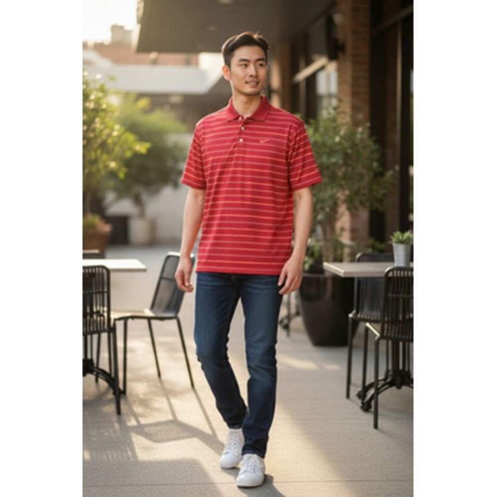 Nike Golf Polo Shirt Men's Medium Red Striped FitDry Performance Stretch Swoosh